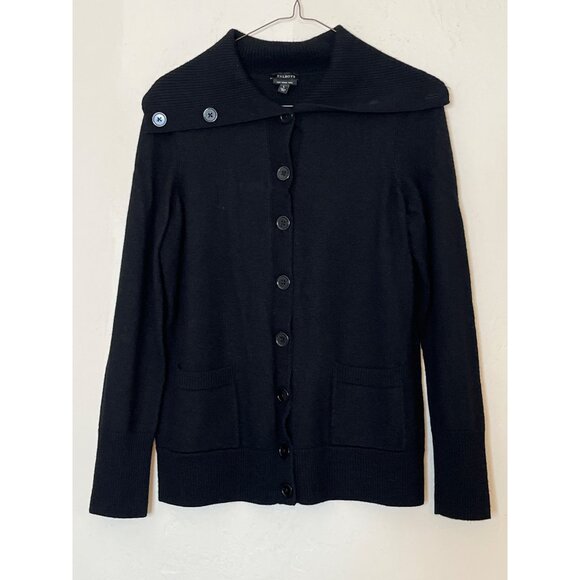 Talbots Extra Fine Merino Wool Black Cowl Neck Button Front Cardigan Pockets L - Picture 2 of 7